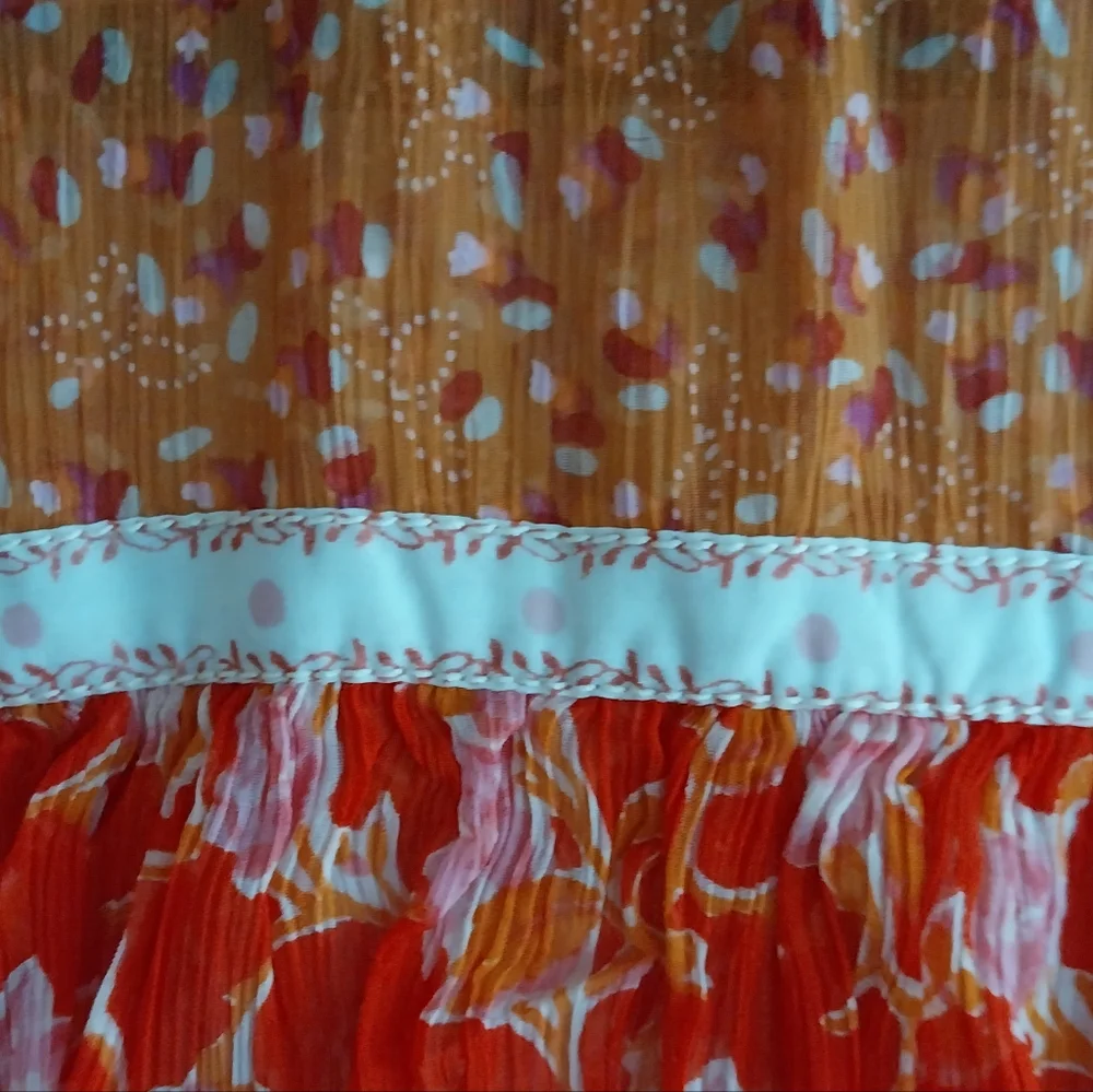 Free People Orange & Red Patchwork Floral Semi Sheer Boho Babydoll Tunic Dress